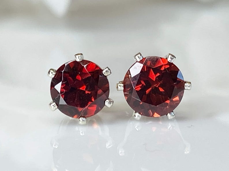 Genuine Mozambique Garnet Sterling Silver Jewelry Set January Birthstone Pendant Necklace Matching Earrings Prong Setting Round Gemstone Red Stone Collection Dainty Design Elegant Accessories Perfect Gift Idea Birthday Present Special