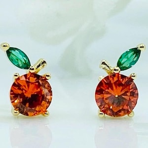 Peach Stud Earrings: Orange Cubic Zirconia, Gold Setting
