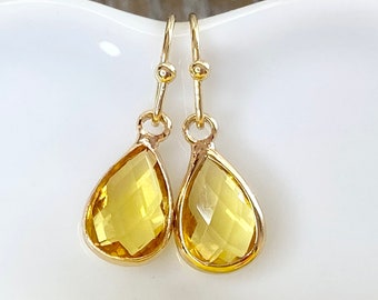Pendientes de lágrima de oro con piedra natal de noviembre, pendientes de cristal de citrino, joyas colgantes de oro, regalo para ella, regalo de dama de honor, minimalista