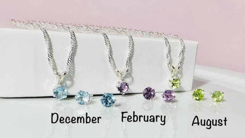 Aquamarine Jewelry Set Sterling Silver Pendant Figaro Chain March Birthstone Gift Idea Blue Stone Necklace Earring Matching Pair Dainty image 6
