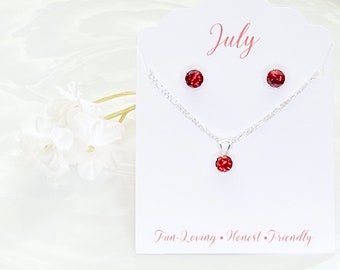 Conjunto de joyas de rubí: collar y pendientes de plata de ley, piedra natal de julio
