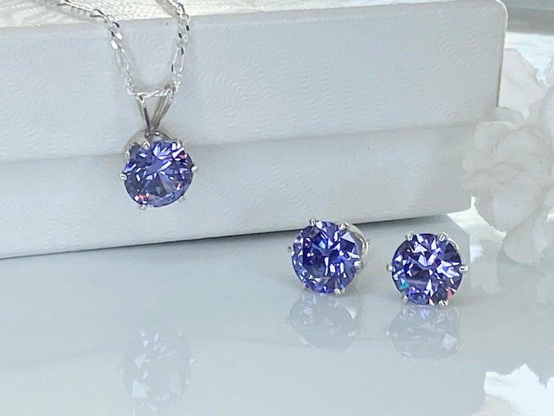 Tanzanite Jewelry Set December Birthstone Gift Sterling Silver Pendant Necklace Matching Earring Cubic Zirconia Purple Gemstone Birthday image 6