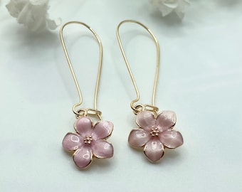 Pink cherry blossom earrings, long dangle earrings, Sakura earrings, flower earrings, Japanese earrings, pink earrings, floral earrings