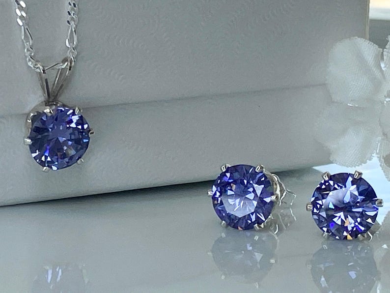 Tanzanite Jewelry Set December Birthstone Gift Sterling Silver Pendant Necklace Matching Earring Cubic Zirconia Purple Gemstone Birthday image 8