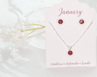 Garnet Jewelry Set Sterling Silver Pendant Necklace Earring Birthstone Gift January Birthstone Necklace Set Genuine Gemstone Red Stone