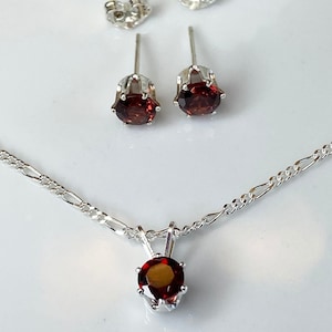 Garnet Jewelry Set Sterling Silver Pendant Necklace Earring Matching January Birthstone Gift Idea Perfect Present Red Gemstone Dainty Accessories Elegant Design Classic Jewelry Genuine Mozambique Garnet Round Stone Prong Setting Figaro