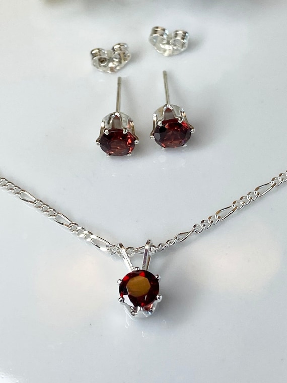 Garnet Jewelry Set Sterling Silver Pendant Necklace Earring Matching January Birthstone Gift Idea Perfect Present Red Gemstone Dainty