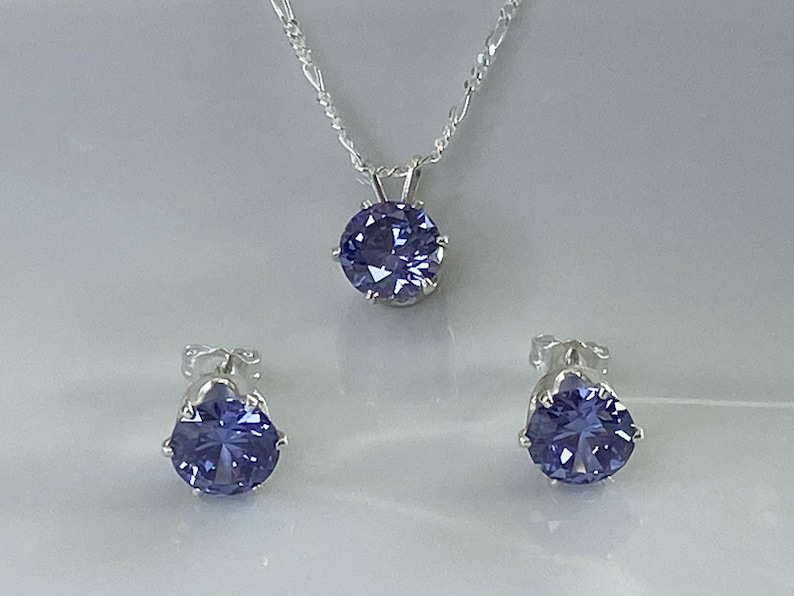 Purple Gemstone Jewelry Tanzanite December Birthstone Set Sterling Silver Pendant Necklace Matching Earrings Cubic Zirconia Stones Elegant Design Birthday Gift Special Occasion Jewelry Classic Style Everyday Wear Beautiful Present