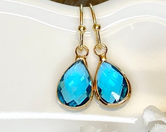 Aquamarine Crystal Dangle Earrings: March Birthstone, Gold Hooks