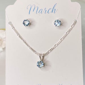 Matching Jewelry Set Aquamarine Sterling Silver Pendant Figaro Chain Earring Pair March Birthstone Gift Idea Blue Stone Necklace Dainty Design Elegant Accessory Birthday Present Special Occasion Jewelry Light Blue Gemstone Cubic Zirconia