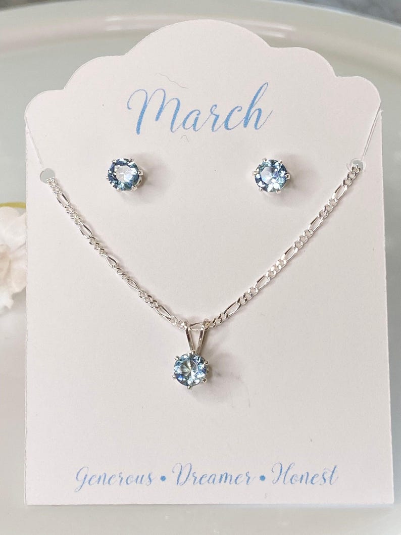 Matching Jewelry Set Aquamarine Sterling Silver Pendant Figaro Chain Earring Pair March Birthstone Gift Idea Blue Stone Necklace Dainty Design Elegant Accessory Birthday Present Special Occasion Jewelry Light Blue Gemstone Cubic Zirconia