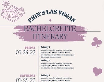 Plantilla editable de itinerario de fin de semana de despedida de soltera en Las Vegas, fin de semana de despedida de soltera, itinerario de despedida de soltera imprimible, horario de fin de semana para niñas,
