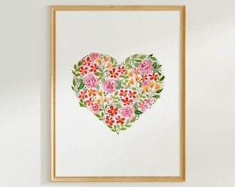 Heart Watercolor Print, Floral Heart Art, 5x7" heart print, 8x10" heart print, Mother's Day print, Floral Wall Art, Valentine Floral Print