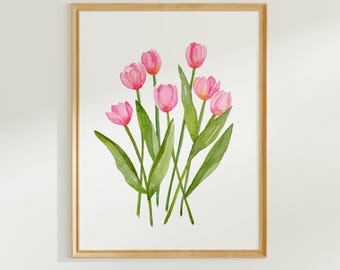 Pink Tulips Watercolor Print, Pink Flowers Wall Art, Watercolor Tulips, 5x7 Watercolor Tulips, 8x10 Botanical Tulips, Bunch of Tulips Art