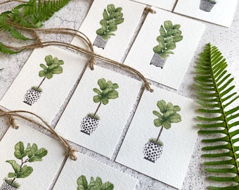 Set of 10 Watercolor Gift Tags - Fiddle Leaf Fig Gift Tags, Deluxe Gift Tags, Handmade Watercolor Gift Tags, Potted Plant Gift Tags