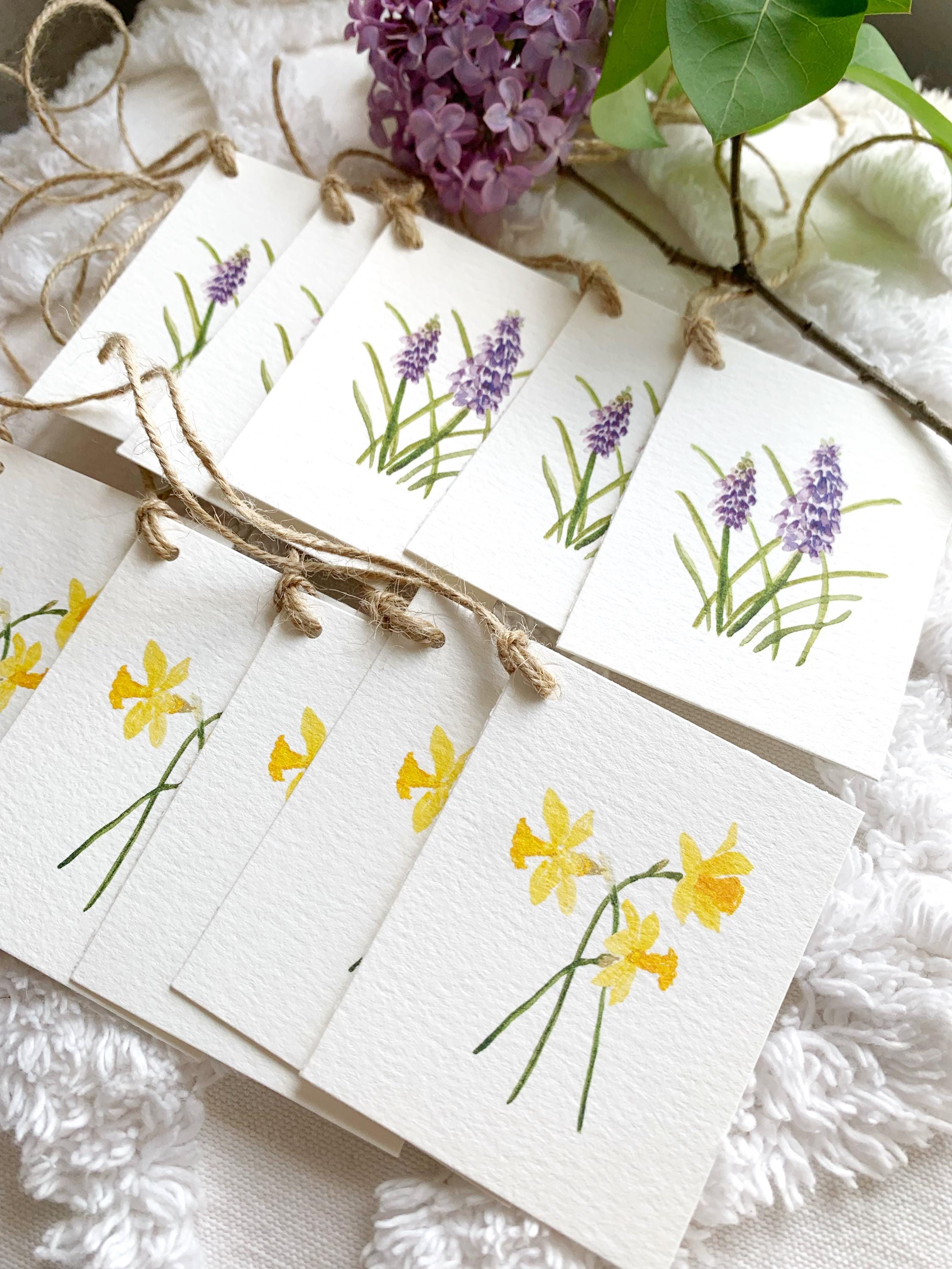 Daffodil & Hyacinth Flower Gift Tags, Bridal Gift Tags, Floral Gift Tags, Watercolor Gift Tags, Deluxe Flower Tags, Wedding Favor Cards
