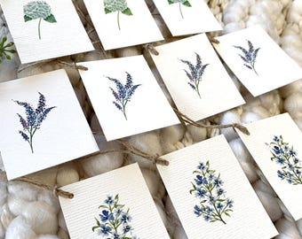 Set of 10 Watercolor Gift Tags - Blue Flowers, Hydrangea Gift Tags, Deluxe Gift Tags, Handmade Watercolor Flower Tags, Wedding favor tags