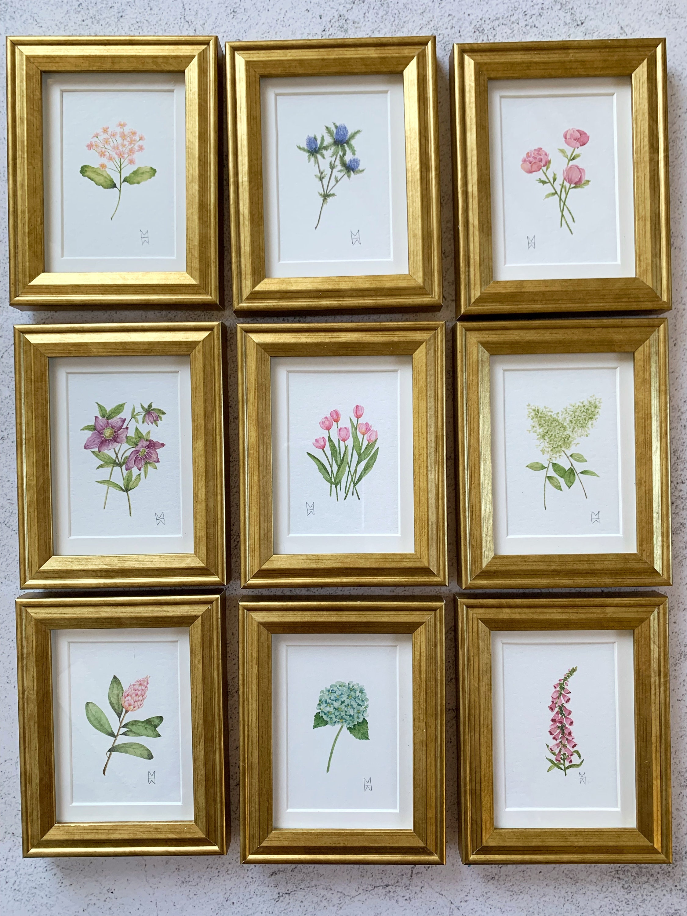 YOUR CHOICE Mini Framed Flower, Watercolor Flower Print, Mini Botanical Print, Watercolor Flower Gift, Gold Framed Watercolor, Hostess Gift