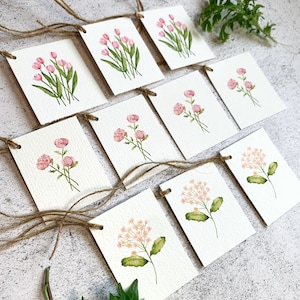 Set of 10 Watercolor Gift Tags - Pink Flowers, Peony Gift Tags, Deluxe Gift Tags, Handmade Watercolor Gift Tags, Wedding Bridal Floral Tags