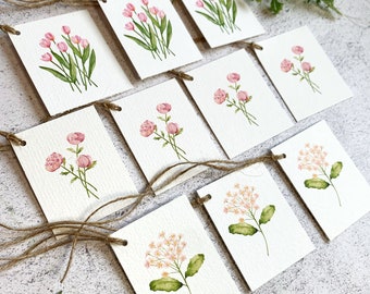 Set of 10 Watercolor Gift Tags - Pink Flowers, Peony Gift Tags, Deluxe Gift Tags, Handmade Watercolor Gift Tags, Wedding Favor Floral Tags