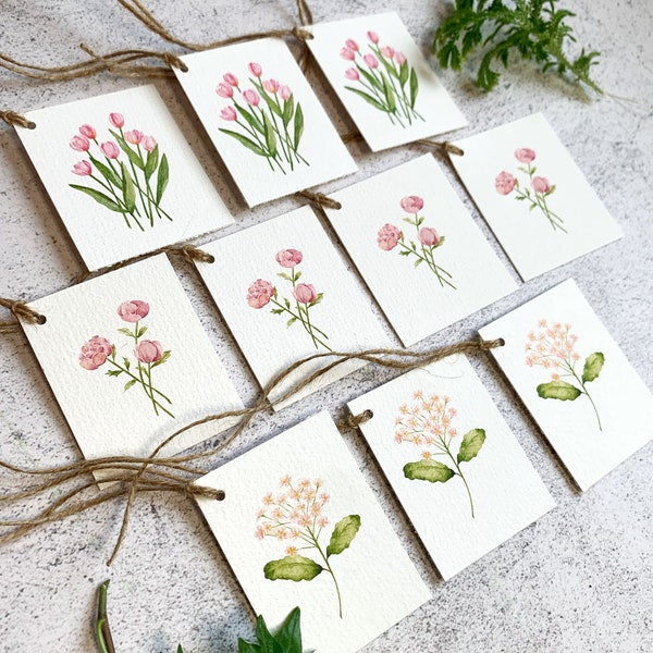 Set of 10 Watercolor Gift Tags - Pink Flowers, Peony Gift Tags, Deluxe Gift Tags, Handmade Watercolor Gift Tags, Wedding Favor Floral Tags