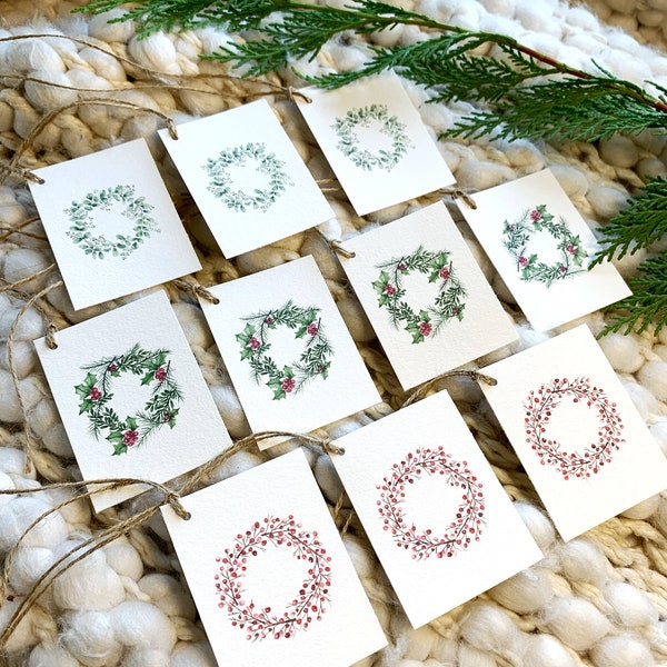 Christmas wreath gift tags, holiday wreath gift tags, watercolor holiday tags, holiday berries and holly tags, eucalyptus gift tags
