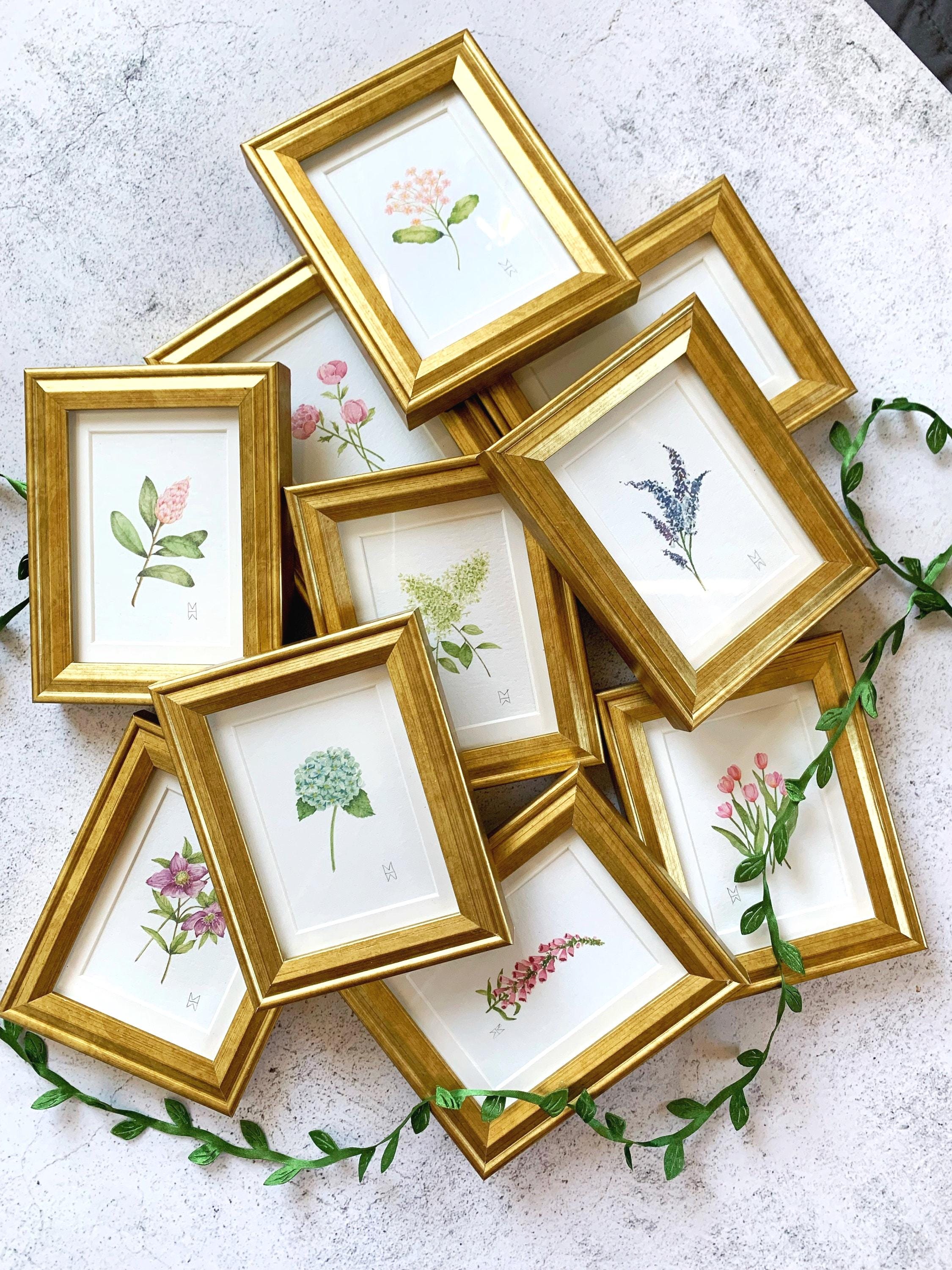 YOUR CHOICE Mini Framed flower Print - Botanical Wall Art - Watercolor Floral Art - Gold Framed Gift for Her - Mini Watercolor Art Print
