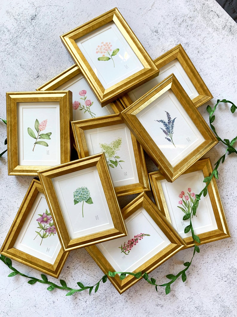 YOUR CHOICE Mini Framed Flower, Watercolor Flower Print, Mini Botanical Print, Watercolor Flower Gift, Gold Framed Watercolor, Hostess Gift