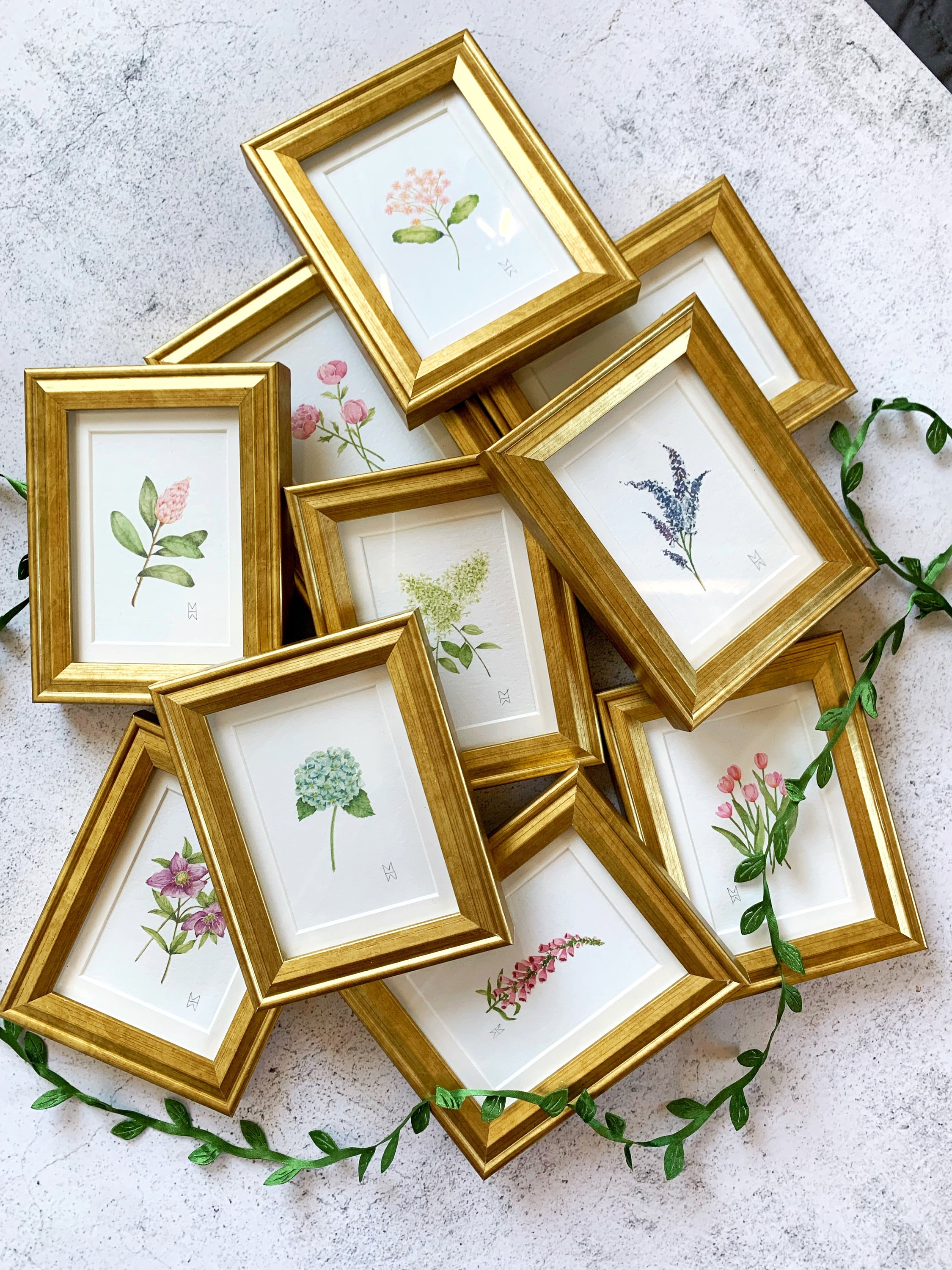 YOUR CHOICE Mini Framed Flower, Watercolor Flower Print, Mini Botanical Print, Watercolor Flower Gift, Gold Framed Watercolor, Hostess Gift