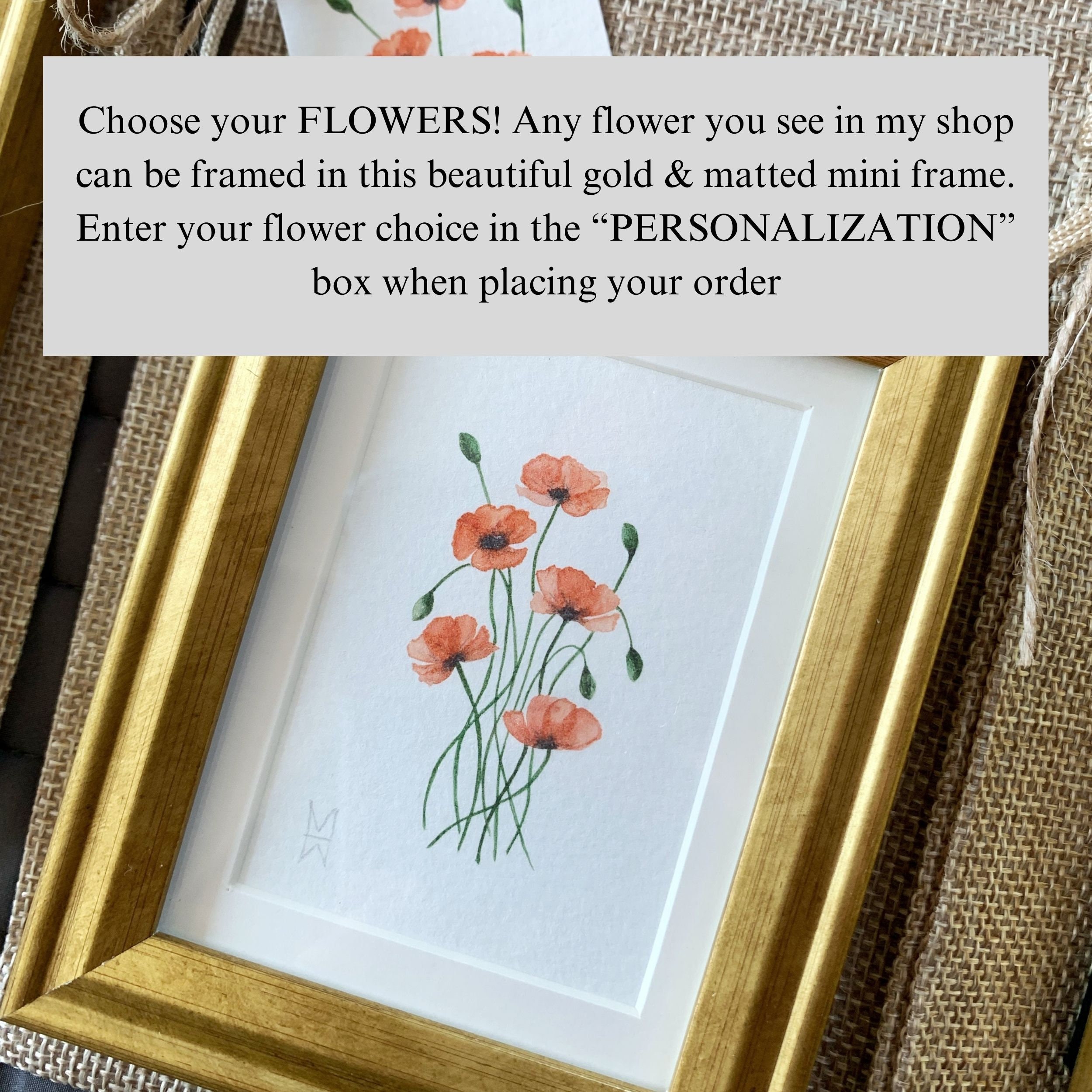 YOUR CHOICE Mini Framed Flower, Watercolor Flower Print, Mini Botanical Print, Watercolor Flower Gift, Gold Framed Watercolor, Hostess Gift