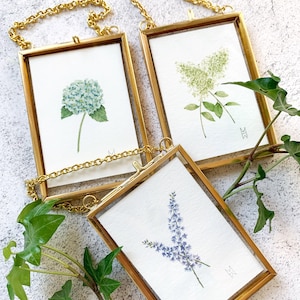 YOUR CHOICE of Flower in Hanging Frame, Mini Framed Botanical, Hanging Floral Ornament, Mini Botanical Framed Gift,  Mini Gold framed floral
