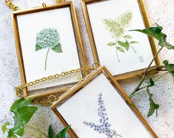 YOUR CHOICE of Flower in Hanging Frame, Mini Framed Botanical, Hanging Floral Ornament, Mini Botanical Framed Print, Gold framed floral