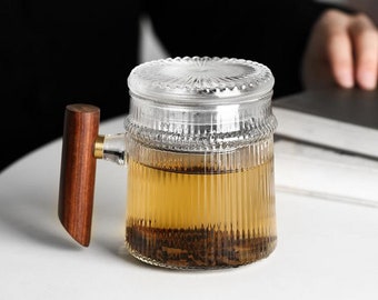 400ML Retro glass tea mug, with lid and Strainers wood handle mug,Coffee Mug,best gift cup,Flower tea cup,gift for her
