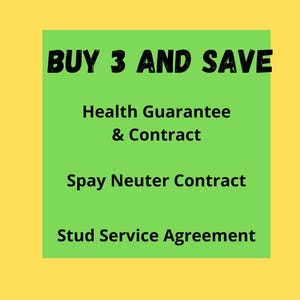 May include: A yellow background with a green paw print in the upper right corner. A green rectangle on the left side contains the text "BUY 3 AND SAVE" and other text about health guarantees and contracts.