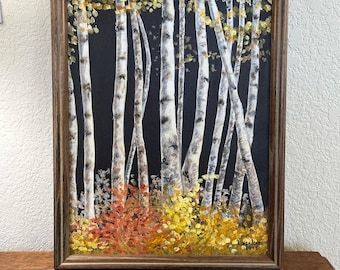 Pintura al óleo original de época: álamos otoñales.