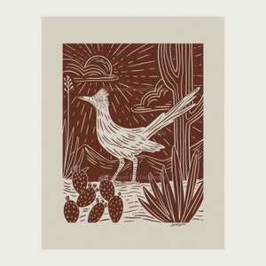 Road Runner at Dawn Linocut Print-Inspired Wall Art - Eclectic Nature Print, Sonoran Desert Maximalist Gallery Wall Art