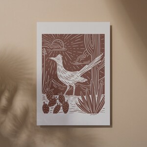 Road Runner at Dawn Linocut Print-Inspired Wall Art - Eclectic Nature Print, Sonoran Desert Maximalist Gallery Wall Art