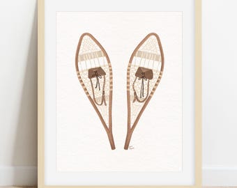 Stampa acquerello di ciaspole d'epoca: decorazione murale di una baita di montagna