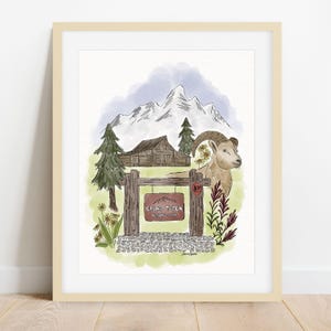 Grand Teton National Park Original Aquarell und Tinte Fine Art Print - Bighorn Schaf, T.A. Moulton Barn, Blumen, Parkschild