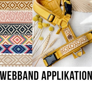 May include: A yellow dog harness with a black buckle and a woven strap with a geometric pattern. The text "WEBAND APPLICATION" is visible at the bottom of the image.