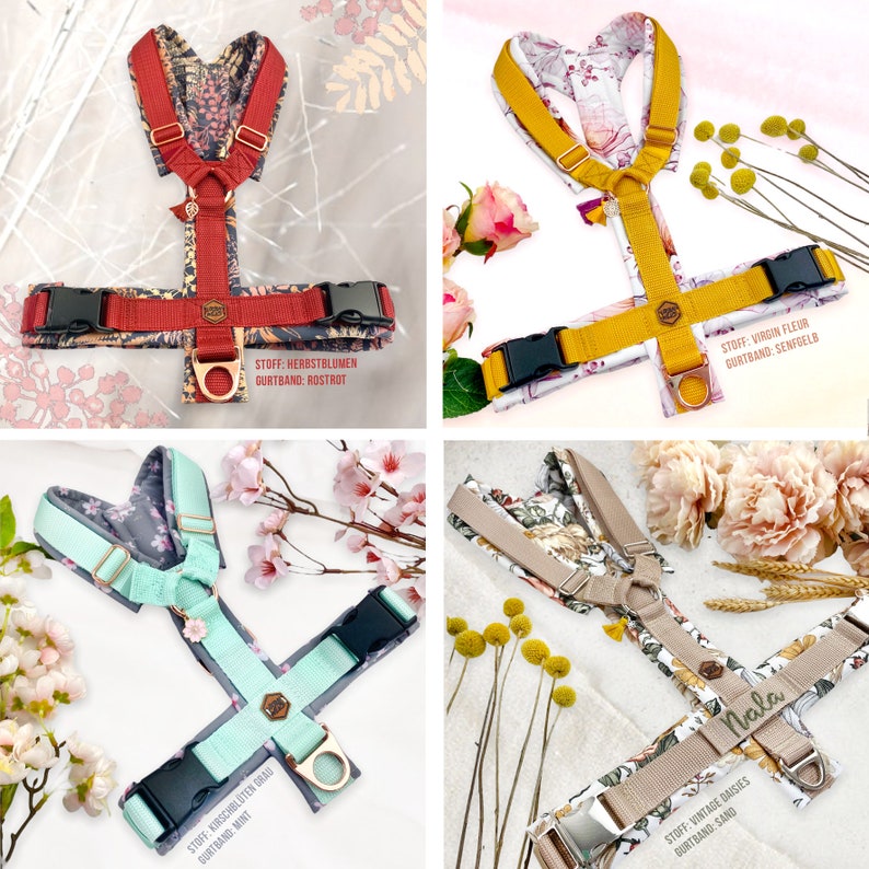 May include: Four different dog harnesses with floral patterns. The harnesses are in red, yellow, green, and beige. The harnesses have adjustable straps and a buckle closure. The harnesses are made of fabric and have a metal ring for attaching a leash. The text on the harnesses reads "STOFF: HERBSTBLUMEN GURTBAND: ROSTROT", "STOFF: VIRGIN FLEUR GURTBAND: SENFGELB", "STOFF: KIRSCHBL&Uuml;TEN GRAD SURTBAND: MINT", and "STOFF: VINTAGE DAISIES GURTBAND: SAND".