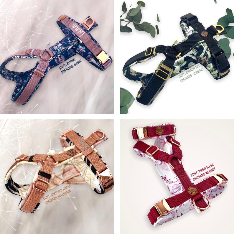 May include: Four different dog harnesses with floral patterns and rose gold hardware. The harnesses are in the colors pink, black, red, and beige. The text on the harnesses reads "STOFF: BLOOMY GURTBAND: MAUVE", "STOFF: EUKALYPTUS GURTBAND: SCHWARZ", "STOFF: VIRGIN FLEUR GURTBAND: WEINROT", and "STOFF: ROSEGOLD JUNGLE GURTBAND: HELLBRAUN".