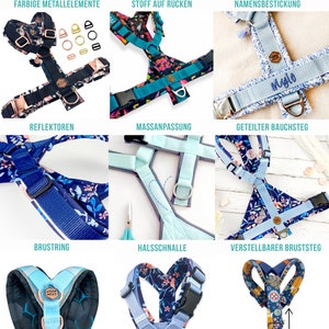May include: A variety of dog harnesses with different features and colors. The harnesses are made of fabric and have adjustable straps. Some of the harnesses have reflective accents, while others have a name tag or a split chest strap. The harnesses are available in a variety of colors and patterns.
