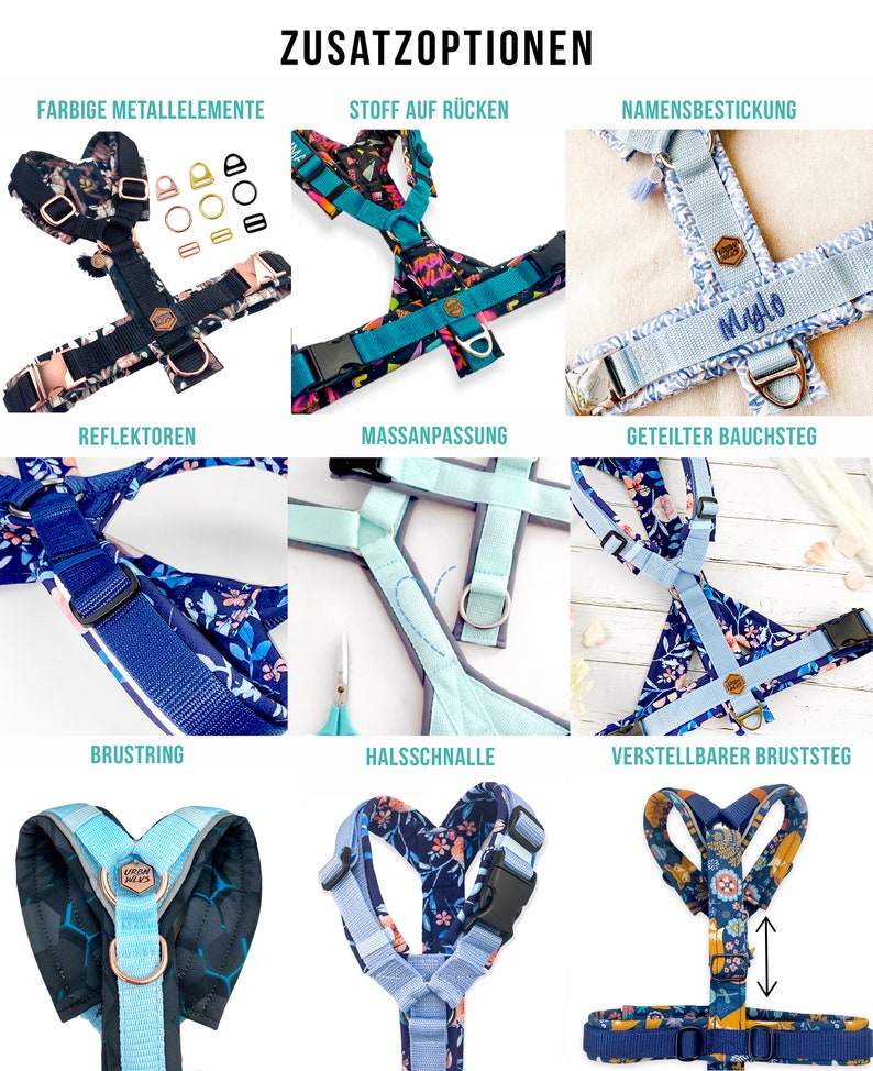 May include: A variety of dog harnesses with different features and colors. The harnesses are made of fabric and have adjustable straps. Some of the harnesses have reflective accents, while others have a name tag or a split chest strap. The harnesses are available in a variety of colors and patterns.