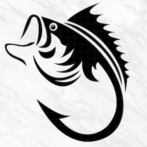 May include: Black and white silhouette of a fish with its mouth open, as if it is about to bite. The fish is in a curved shape, with its tail forming a hook.