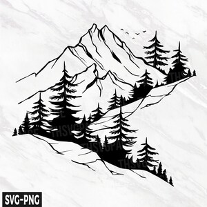 May include: Black and white silhouette of a mountain range with a forest of pine trees in the foreground.
