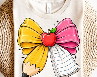 Teacher Coquette Bow PNG, Pencil Apple Bow PNG, Back to School PNG, Sublimation Design, Cute Teacher Digital Download