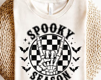 Spooky Season SVG PNG, Halloween Checkerboard SVG, Skeleton Hand Rock Sign, Spooky Season, Halloween Designs, Instant Download