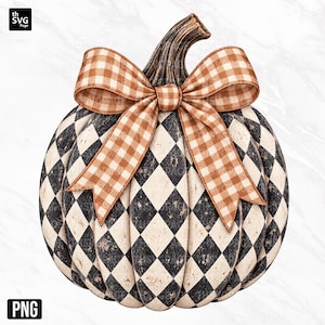 May include: A pumpkin illustration featuring a black and cream diamond harlequin pattern with a distressed texture. The pumpkin is topped with a brown stem and a large, tied bow in a tan and white gingham check pattern on a white background.