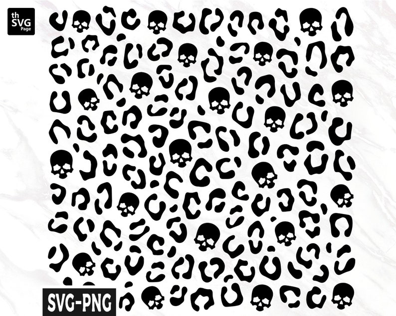 May include: Black and white leopard print pattern with skull accents. The design features a repeating pattern of black skulls and leopard spots, suitable for various craft projects. The image includes the text "SVG-PNG".